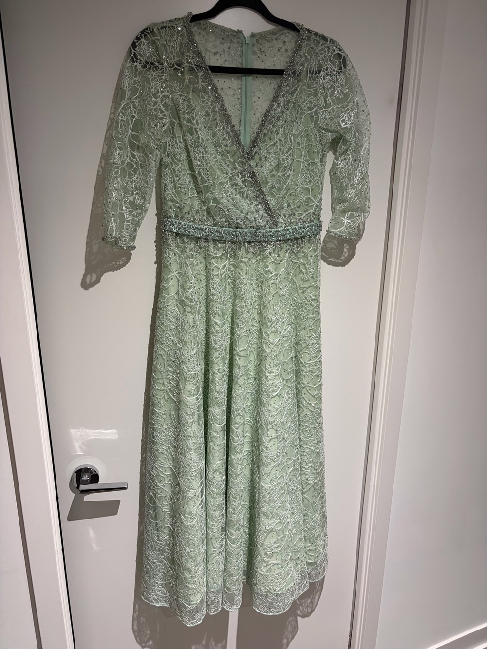 Mac Duggal Mint Lace Midi Dress with Beaded Waist